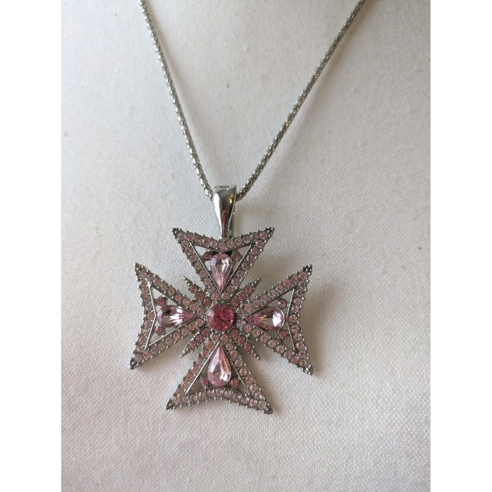 RMN Roman Pendant Necklace In Silver Tone & Pink Rhinestones Maltese Cross